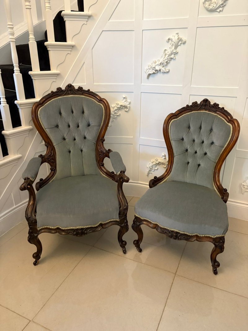Outstanding Quality Pair of Antique Victorian Carved Walnut Ladies and Gentlemen’s Chairs